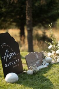 wedding welcome sign laser on wood and stone Sacramento