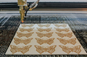 laser cut wood ink block stamp wedding table runner pattern Sacramento Carmichael